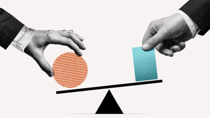 Photo illustration demonstrating competing interests balancing on a scale.
