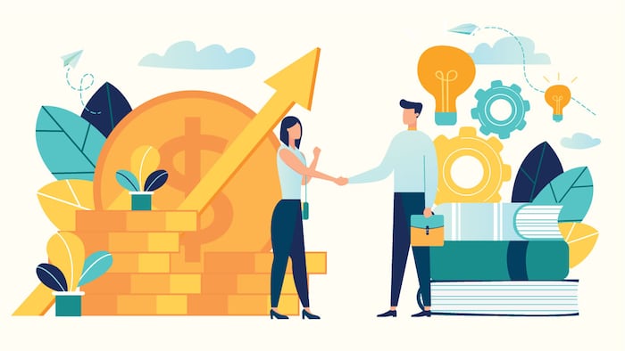 vector illustration on white background. business porters a successful team. The investor holds money in ideas. financing of creative projects. woman and man business handshake - Vector