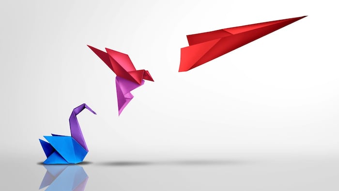 Transform and succeed or Success transformation and improving as a leadership in business through innovation and evolution concept with paper origami